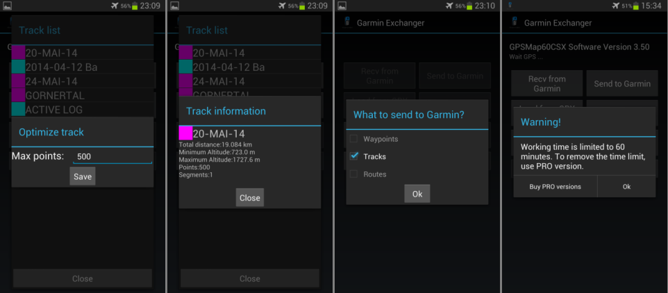 App Garmin Exchanger GPS Files vom Android Handy in den GPSmap 60CSx Speicher laden und kopieren