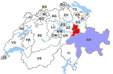 Landkarte der Schweiz mit Kanton Graubünden und Glarus