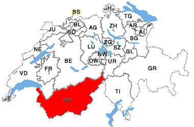 Die Landkarte der Schweiz mit Kanton Wallis wo die Biketour zw. Brig Visp und Hohtenn