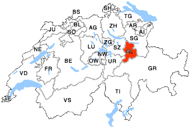 Schweiz mit Kanton Glarus Landkarte