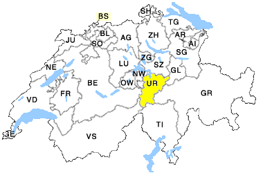 Die Landkarte Schweiz mit dem Kanton Uri
