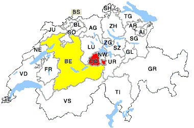 Schweizer Landkarte mit Kanton Obwalden und Kanton Bern