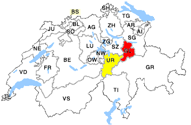 Karte Schweiz mit Kanton Uri und Glarus