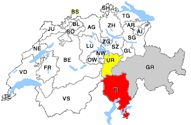 Karte der Schweiz mit Kanton Uri Tessin Graubünden