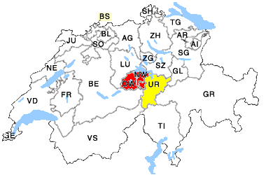 Karte der Schweiz mit Kanton Unterwalden (Nid und Obwalden) und Uri