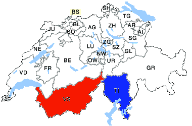 Übersichtskarte Schweiz mit Wallis und Tessin auf der Schweizerkarte