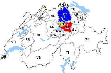 Landkarte Schweiz mit Kanton Zug und Zürich Schwyz